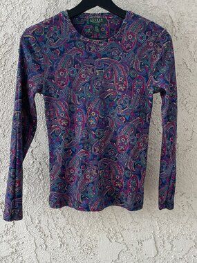 Lauren Ralph Lauren Petite Blue Paisley 100% Cotton Lagenlook Base Top PS